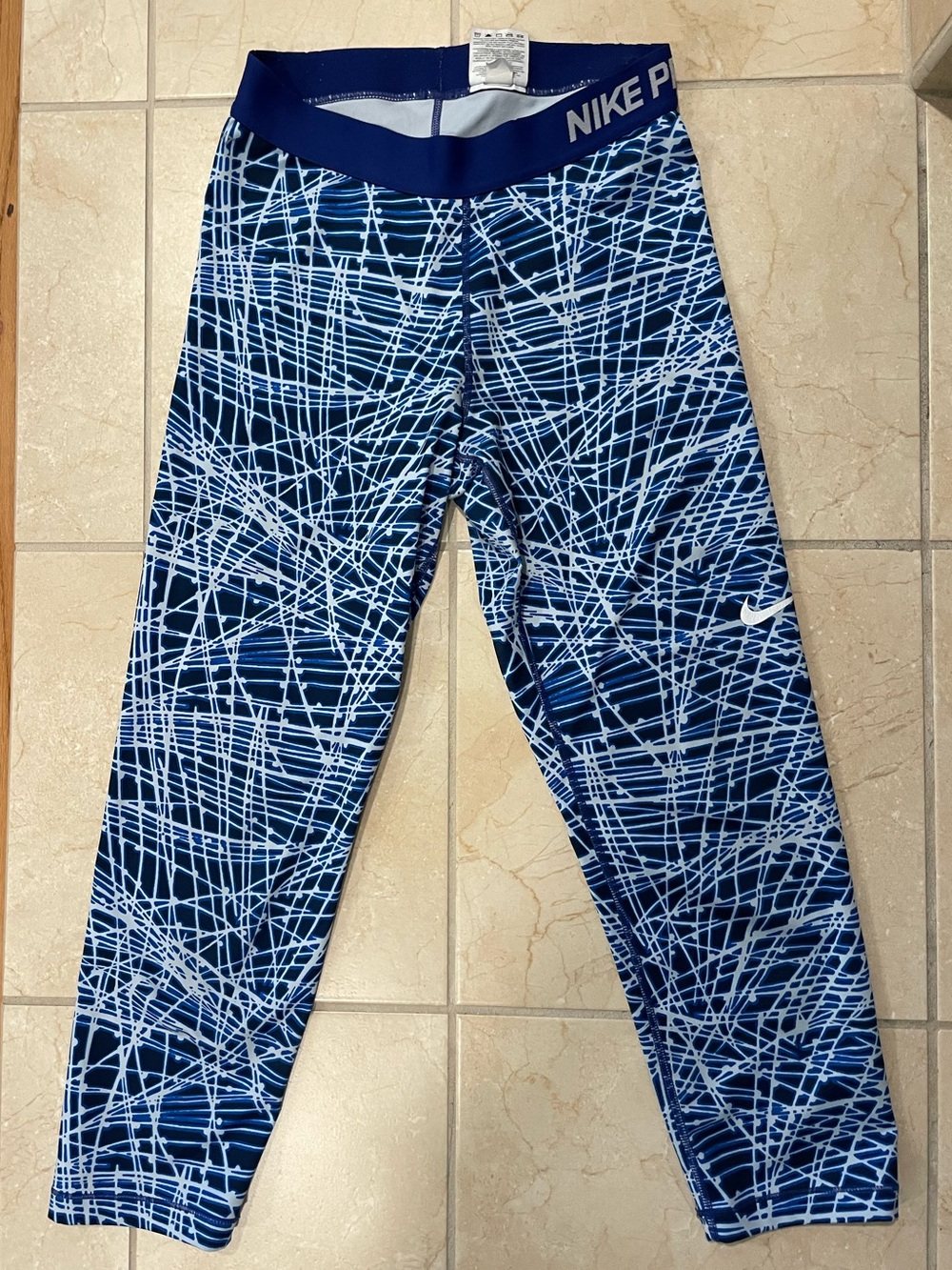 Nike Pro Blue and White Printed Compression Leggings - Picture 1 of 10